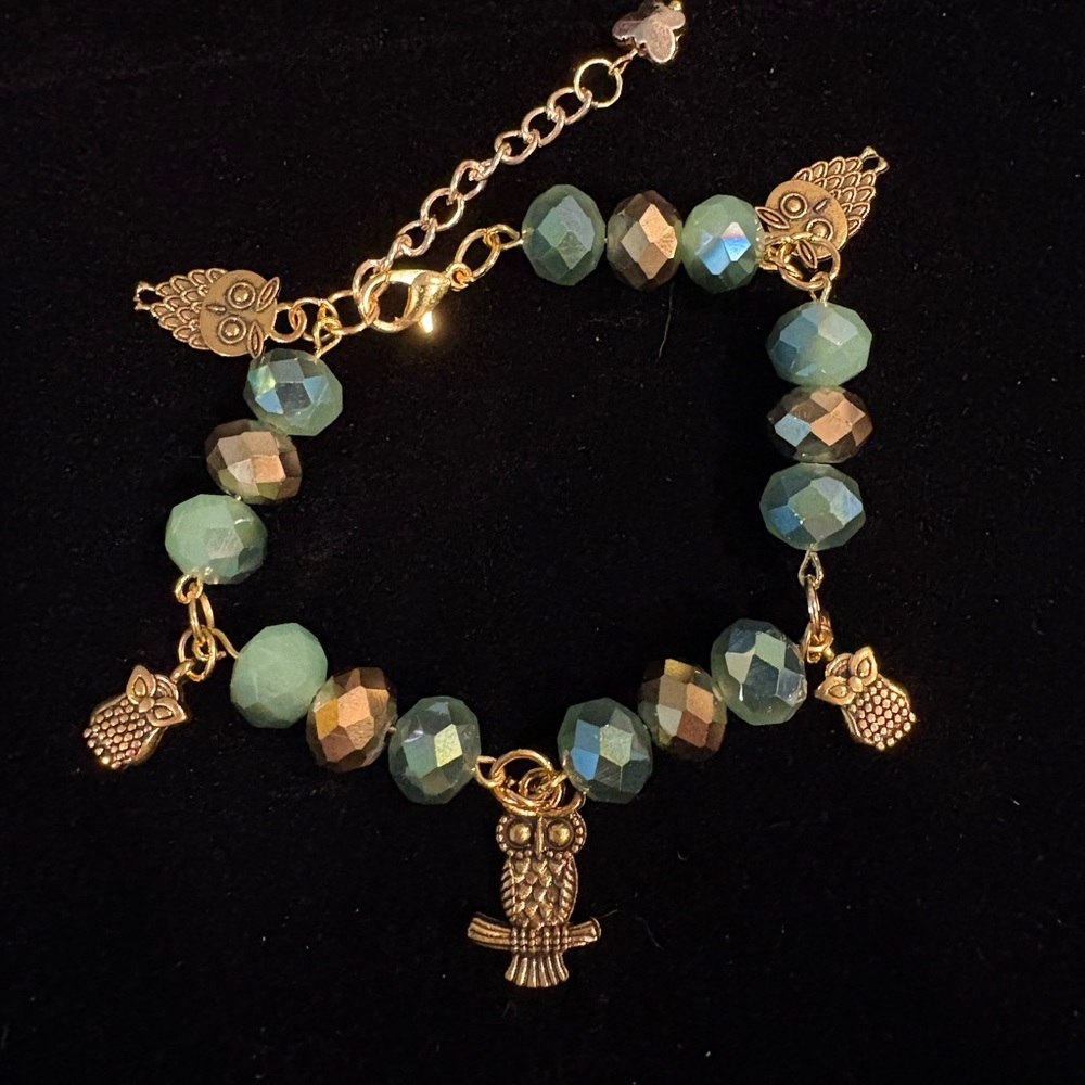 Gold and Green Owl Charm Bracelet